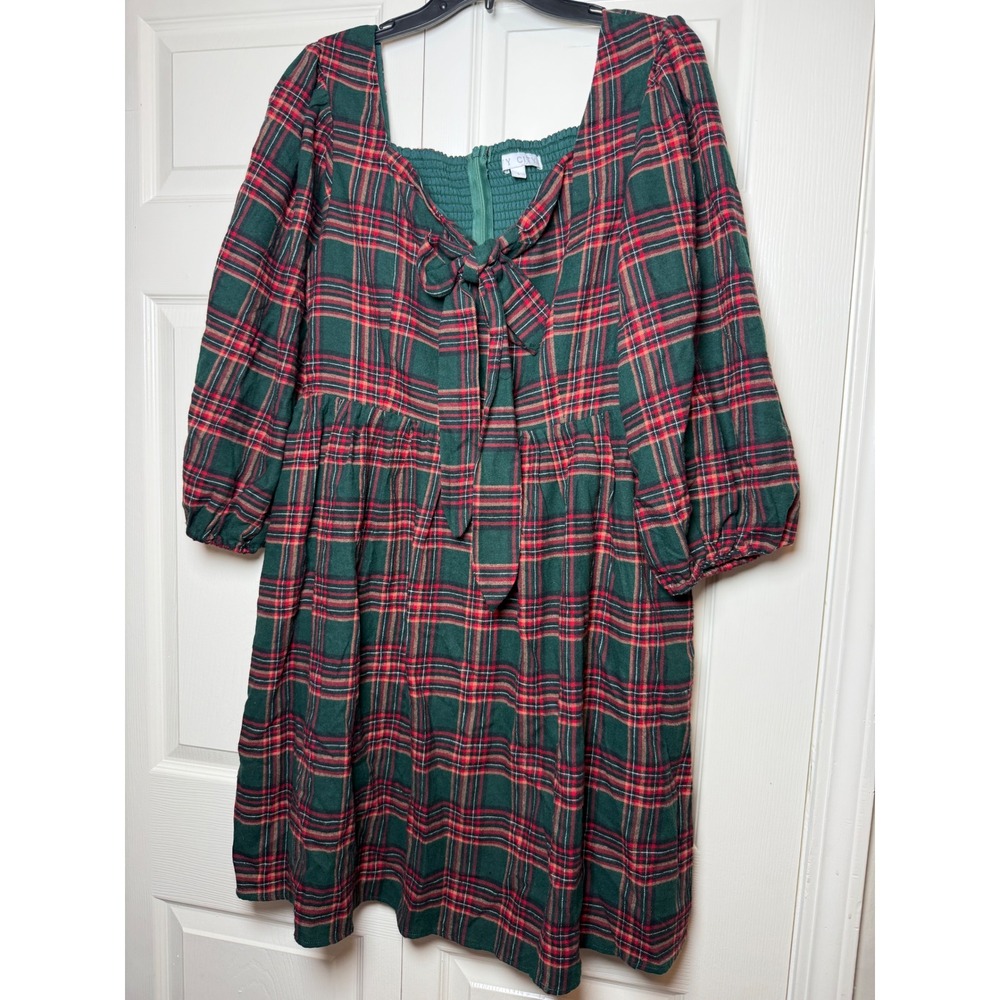 Ivy City Co Dress Womens Red Plaid Smocked Ruffle Pockets Midi Margo Holiday